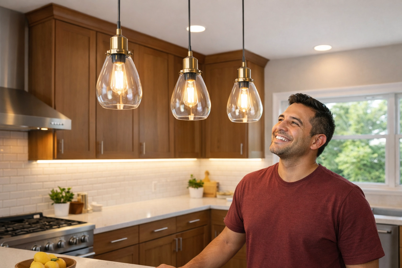 Mexican homeowner admiring new pendant lights and under-cabinet LED lighting in an upgraded kitchen