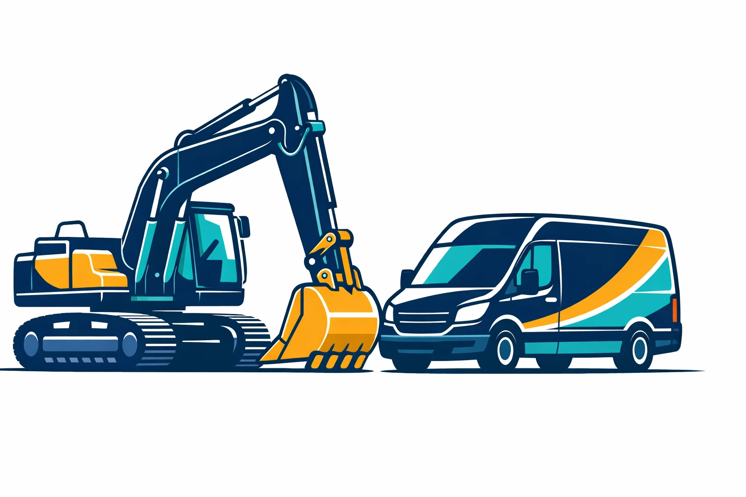 Technical illustration of a heavy excavator and service truck for equipment financing options.