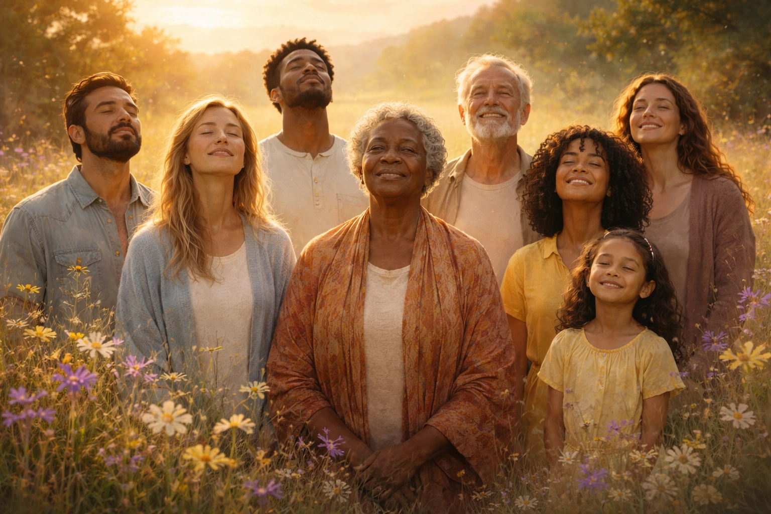 People of diverse backgrounds standing joyfully in a sunlit meadow, representing a world without pain or suffering in God's new creation.