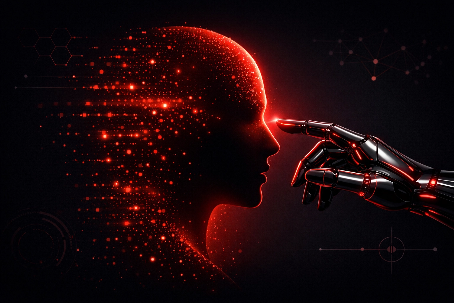 Digital silhouette and robotic hand illustrating the humanization of AI in personalized digital marketing.