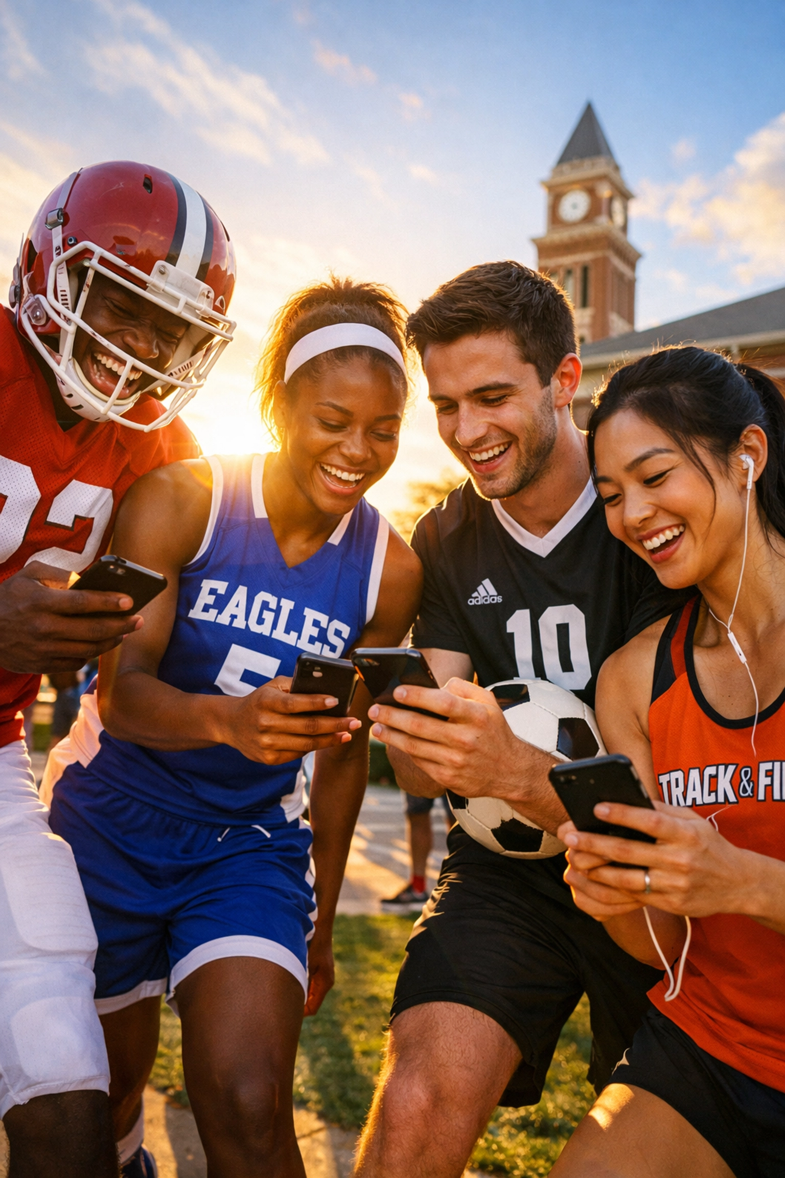College athletes creating authentic NIL content on smartphones wearing team uniforms on campus
