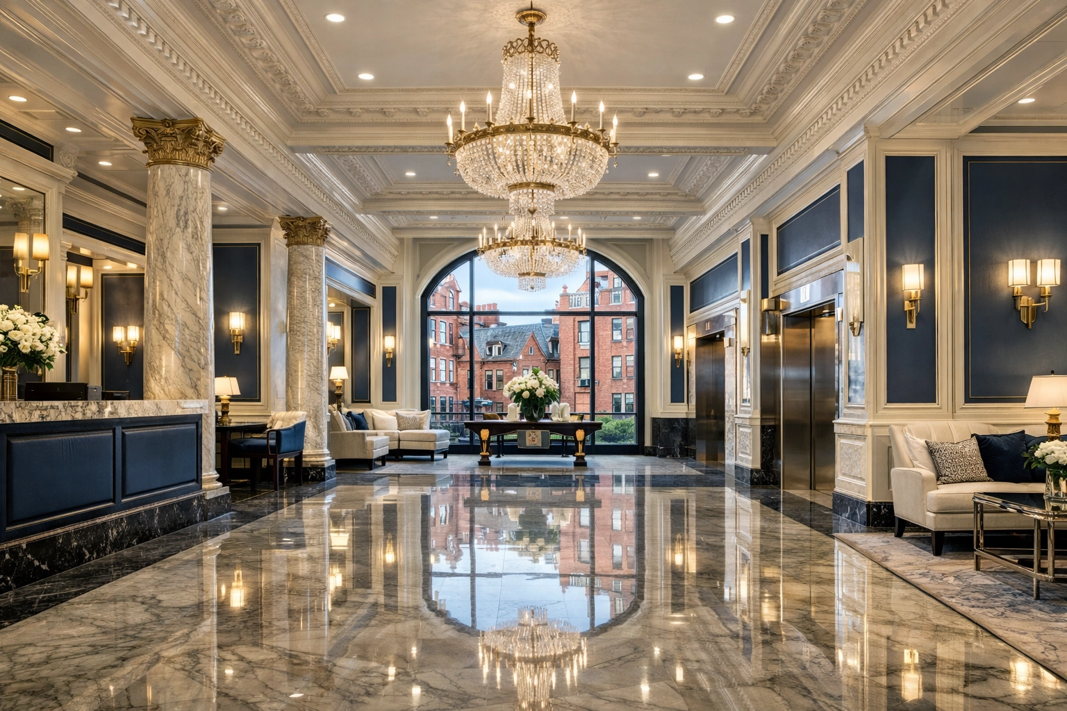 Pristine historic commercial lobby in Massachusetts showcasing white-glove janitorial services results.