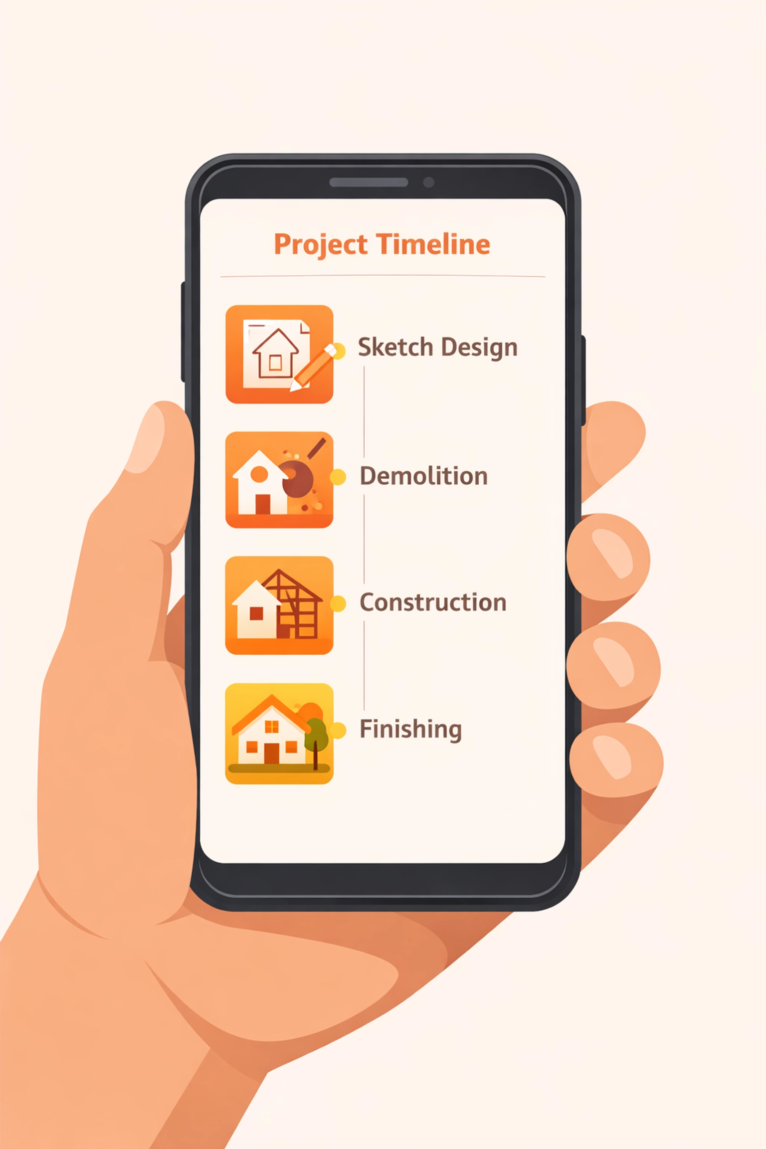 Contractor using a simple photo timeline app to display organized project progress on a mobile phone.