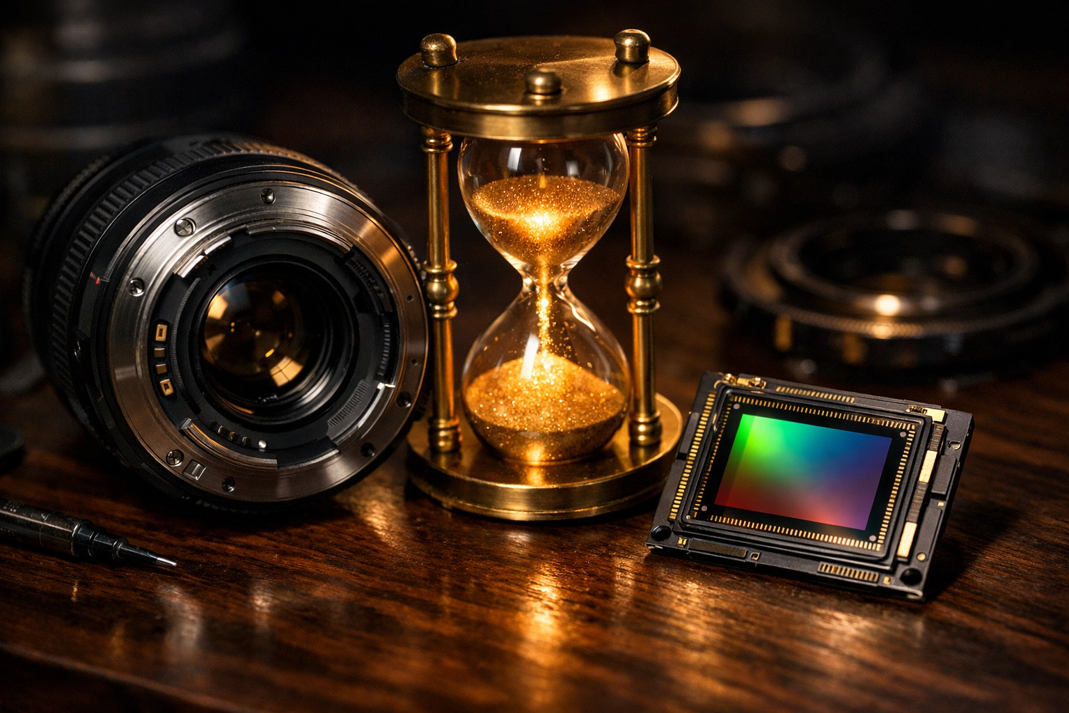 Camera lens and sensor representing the exposure triangle and manual mode camera settings.