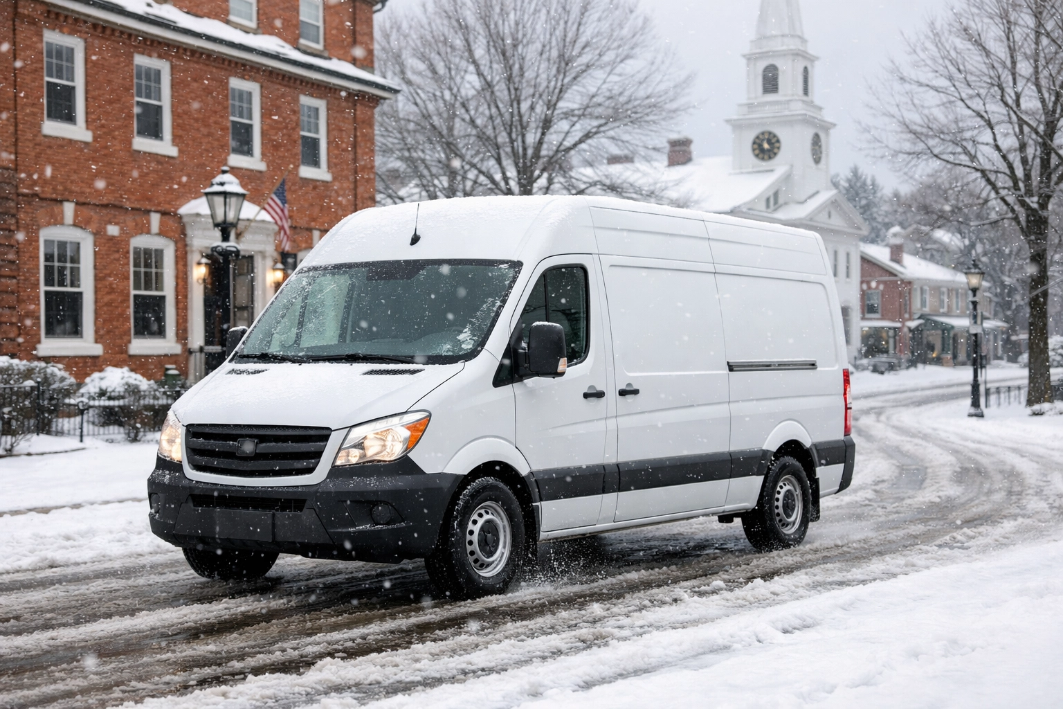 Commercial delivery van navigating snowy New England street in winter