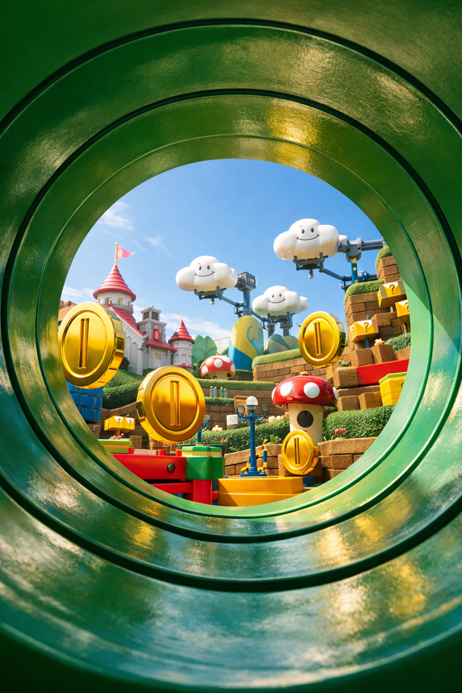 Creative wide-angle shot inside a Warp Pipe at Super Nintendo World, one of the best photography locations in the park.