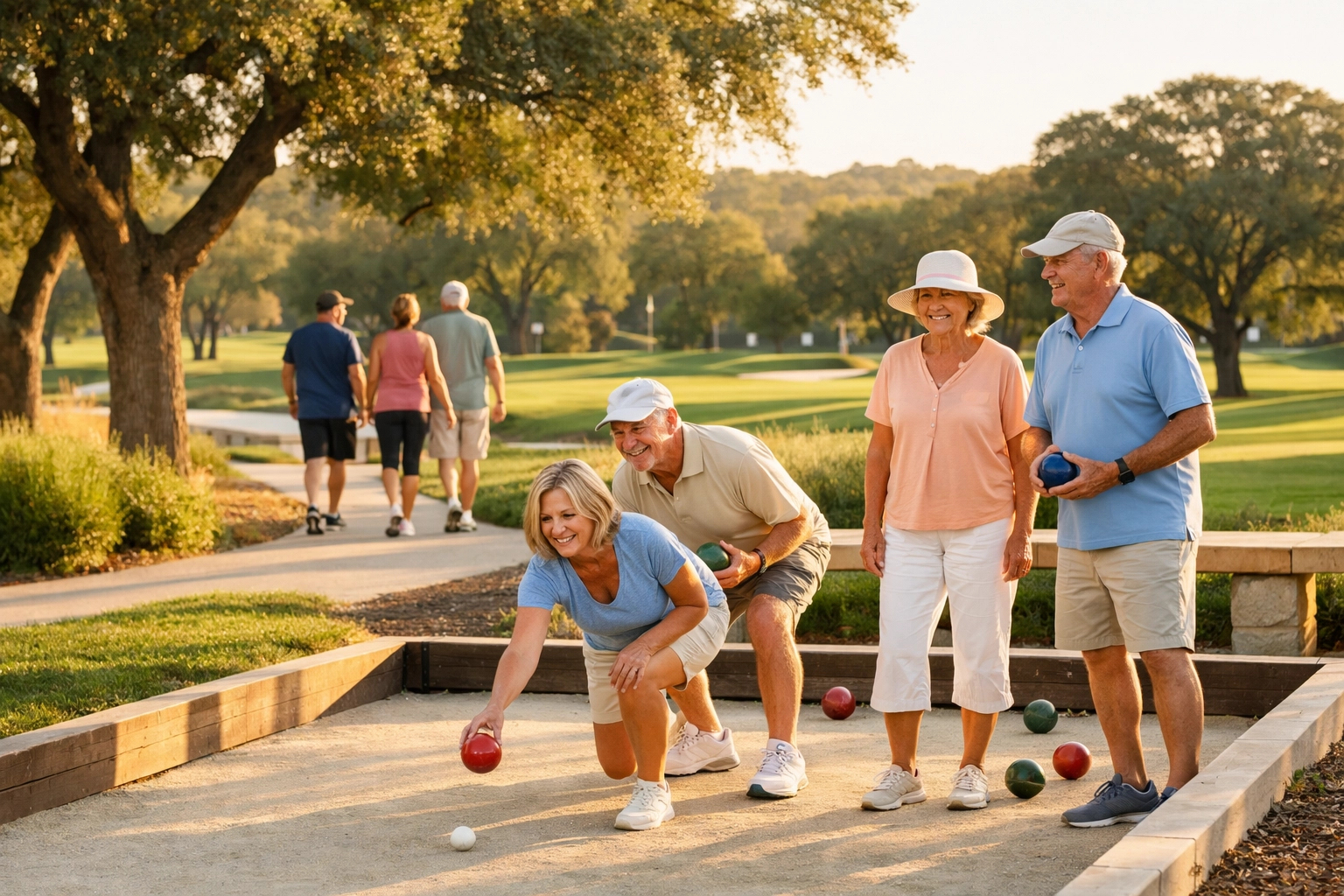 Active adults enjoying bocce ball and outdoor activities in Sun City Roseville community