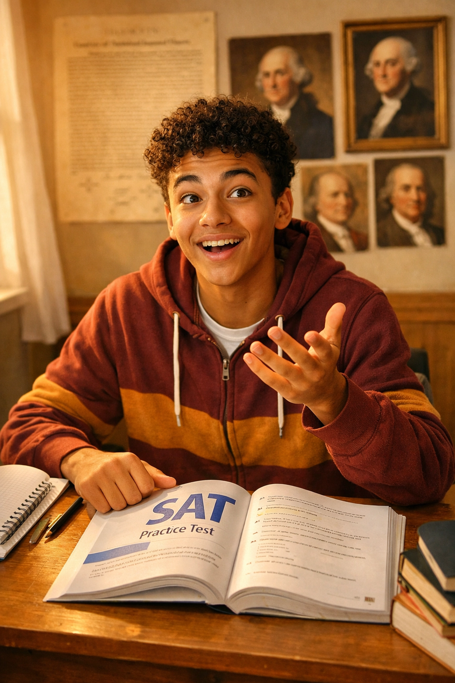 Student having breakthrough moment while studying SAT history passages at desk