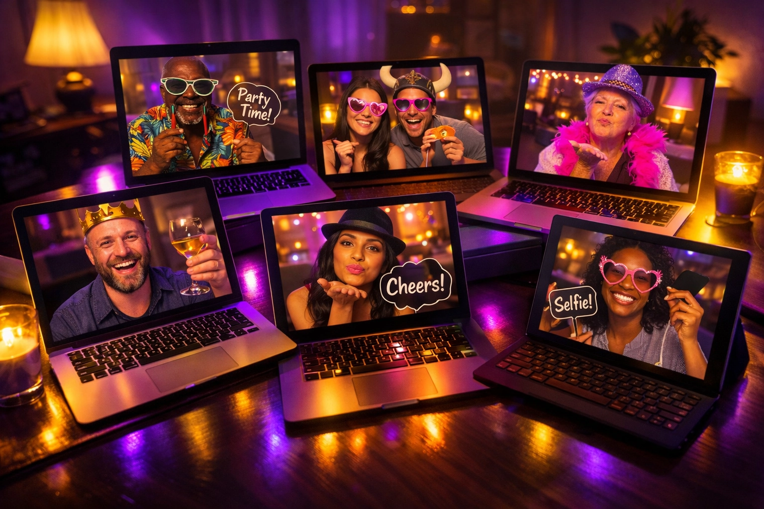 Remote attendees participating in virtual photo booth from home offices via laptop screens