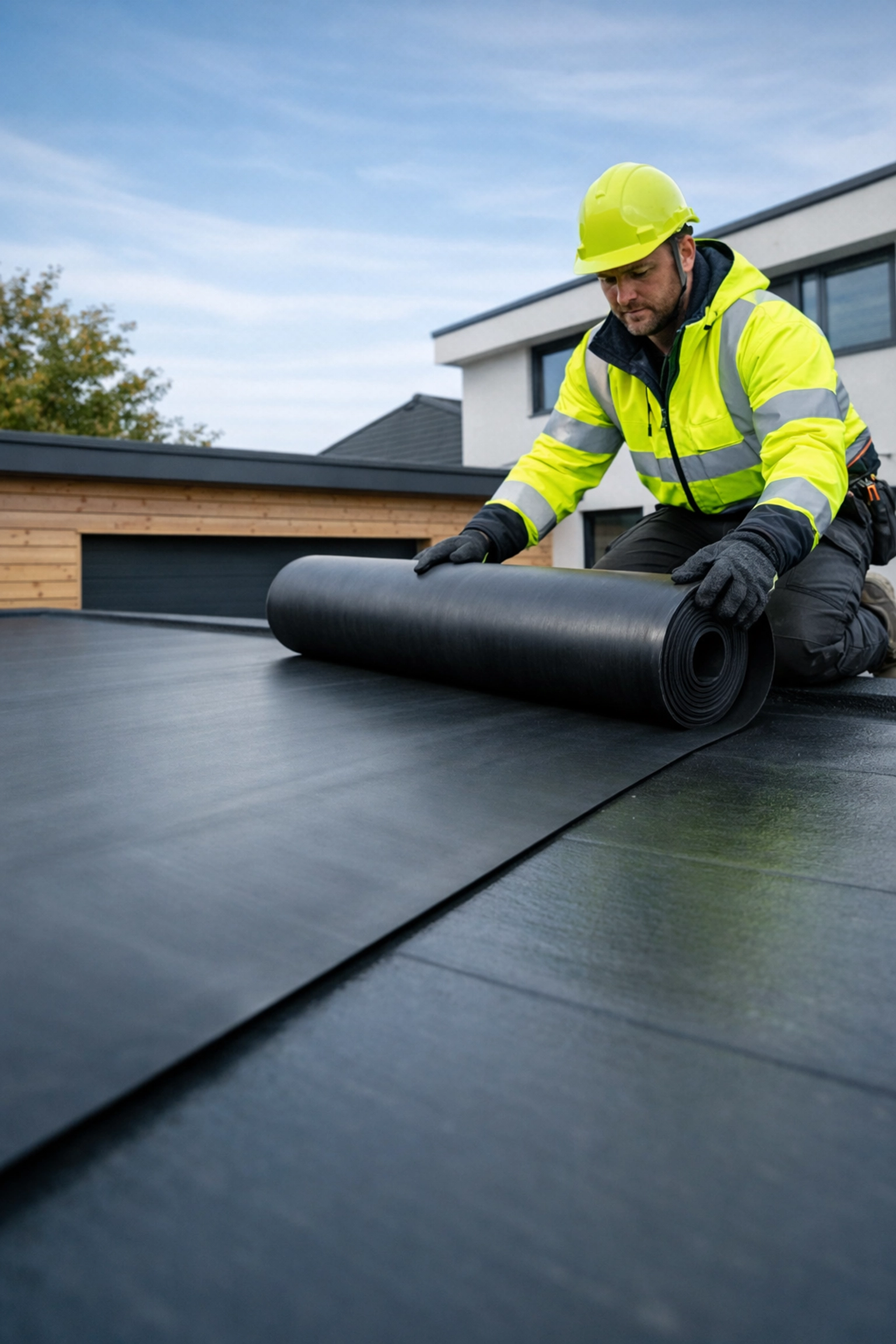 Professional roofer installing EPDM rubber membrane on flat garage roof