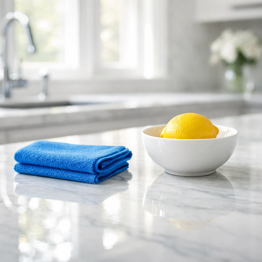 Professional cleaners Wellesley MA provide a streak-free shine on a luxury marble kitchen island.