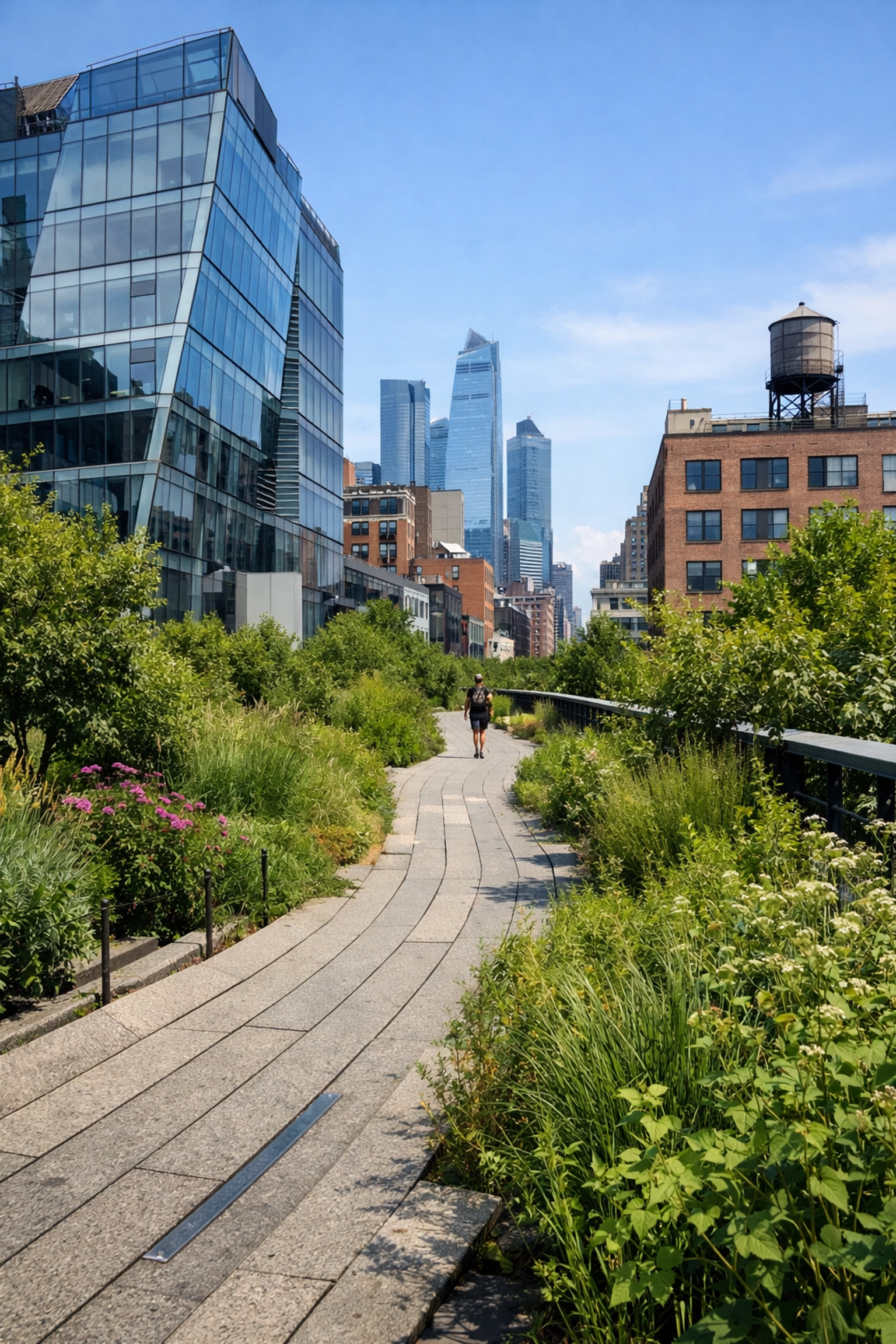 The Highline in Chelsea featuring elevated walkways and urban greenery, a popular NYC photo spot for creative cityscapes.