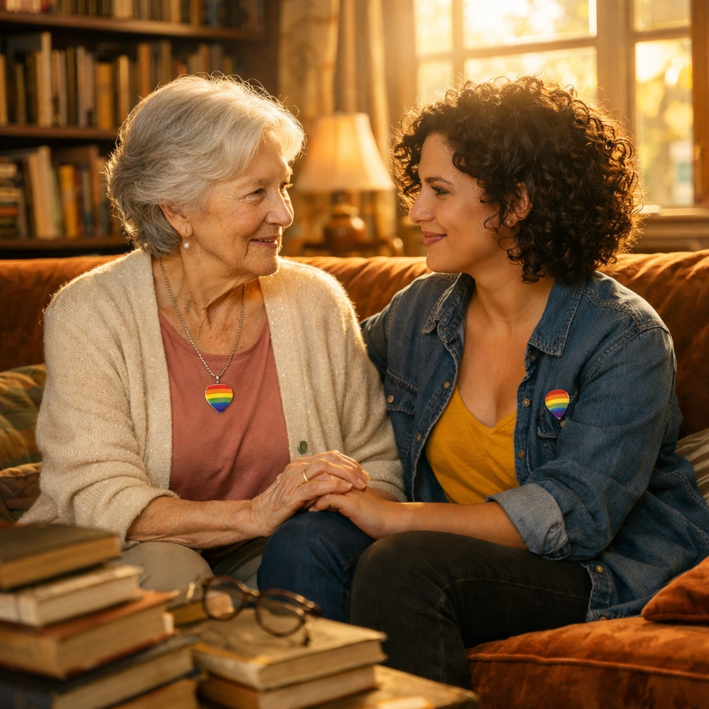 Intergenerational LGBTQ+ storytelling with women reading queer literature together surrounded by books