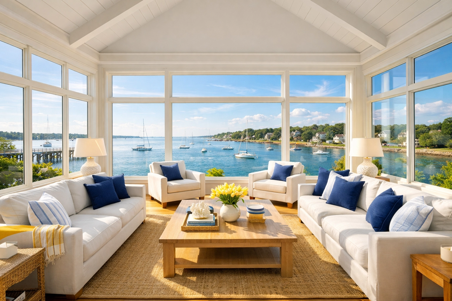 Immaculately clean luxury living room in a Cohasset Harbor estate overlooking the water.