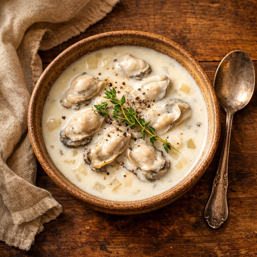 Creamy Southern oyster stew in rustic bowl garnished with black pepper and thyme