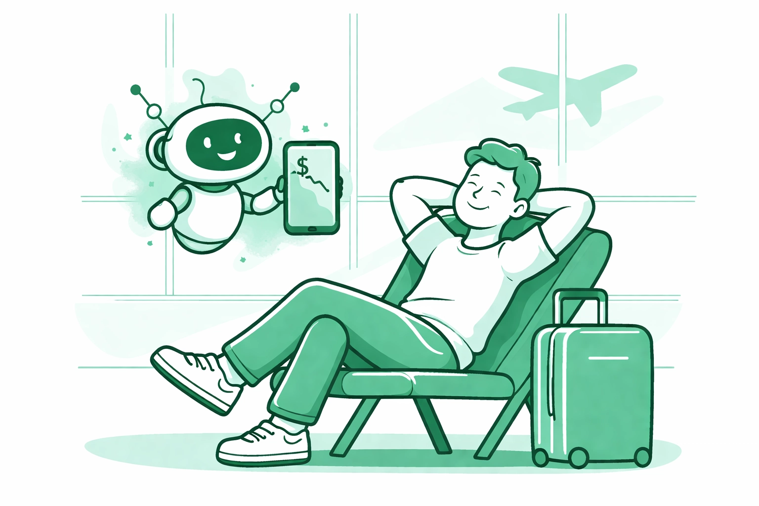 Traveler relaxing in airport lounge as AI monitors flight prices for automatic airfare refunds and savings