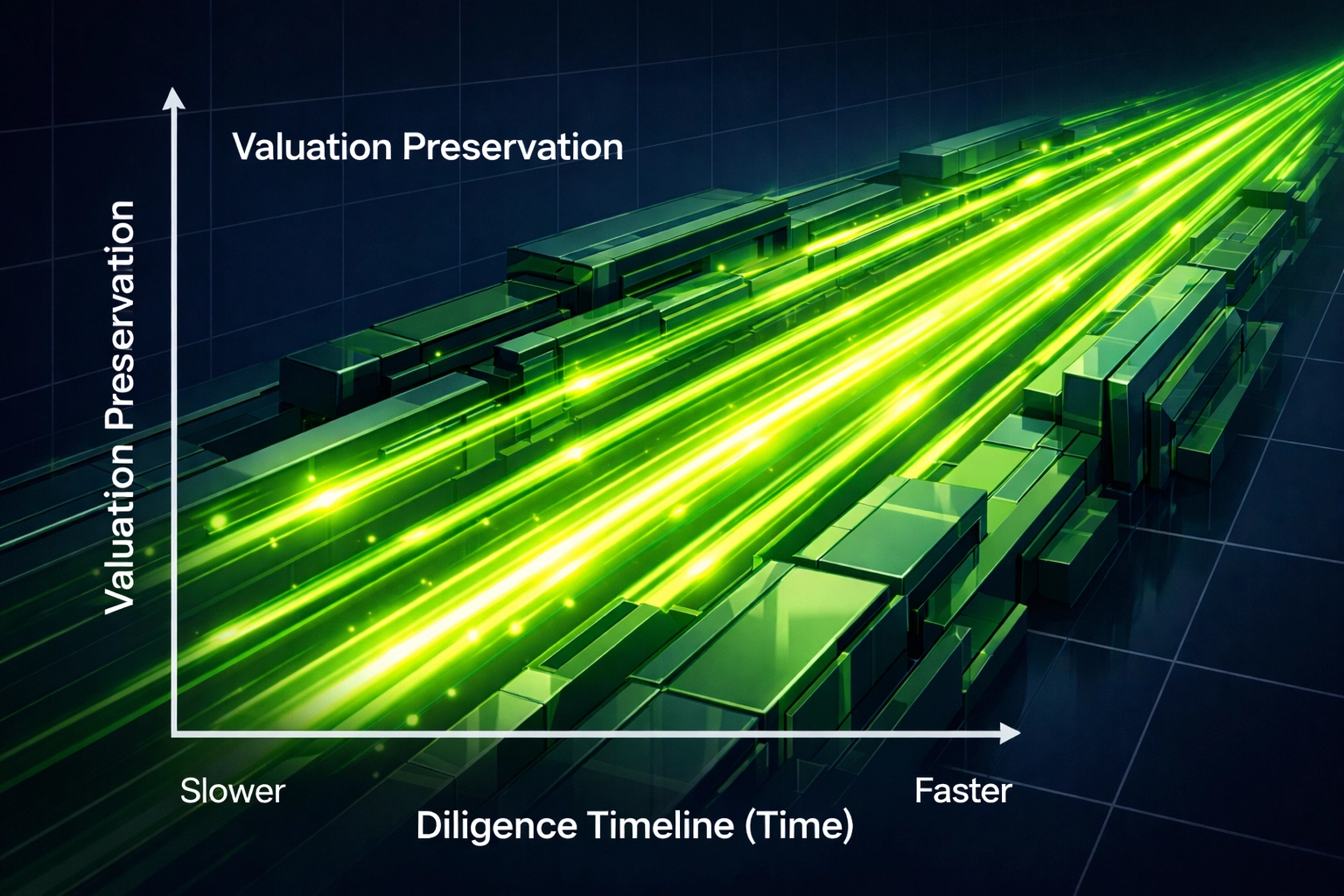 A professional conceptual graphic showing velocity versus valuation in M&A, with labeled axes for Diligence Timeline (Time) and Valuation Preservation, and faster diligence linked to stronger pricing and fewer re-trades.