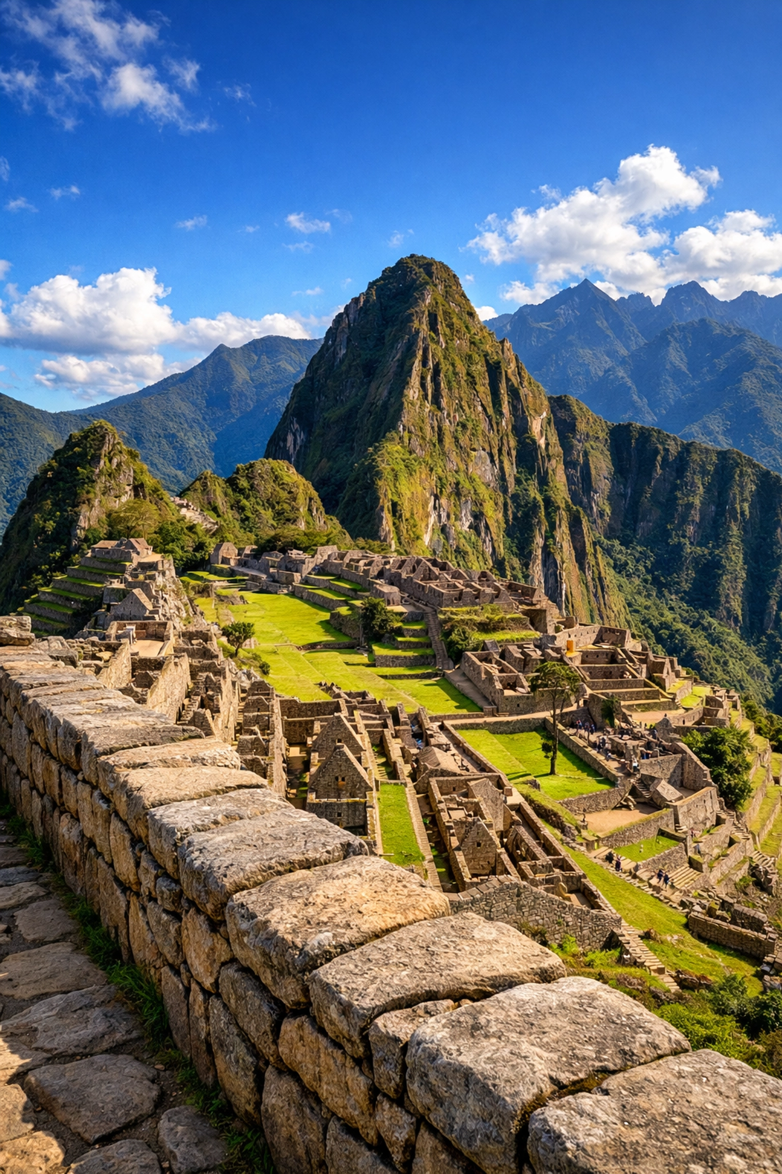 Wide-angle view of Machu Picchu citadel and stone terraces from the Guardian's House.
