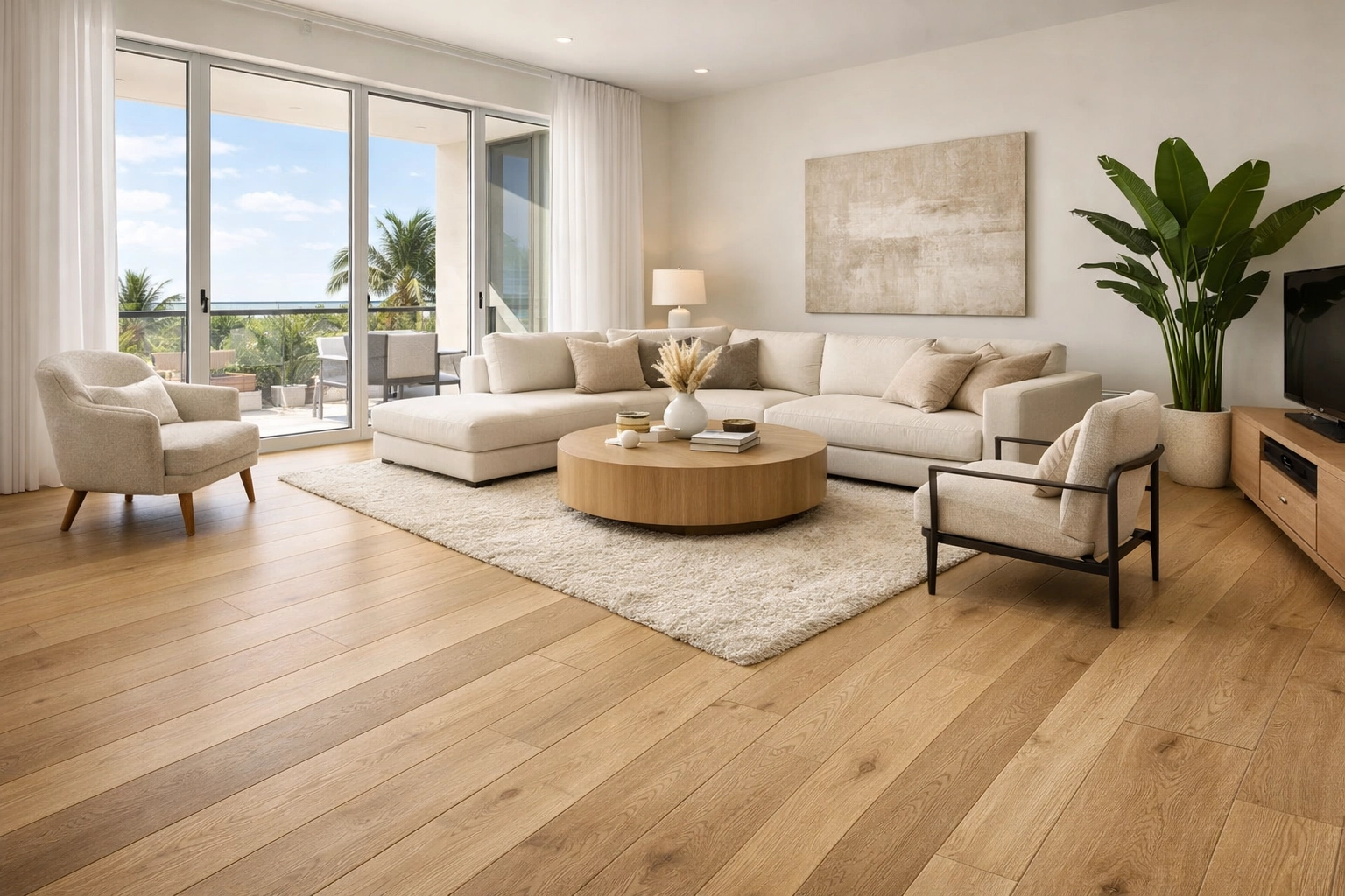 Modern Orlando living room featuring luxury vinyl plank flooring with a light oak grain finish.
