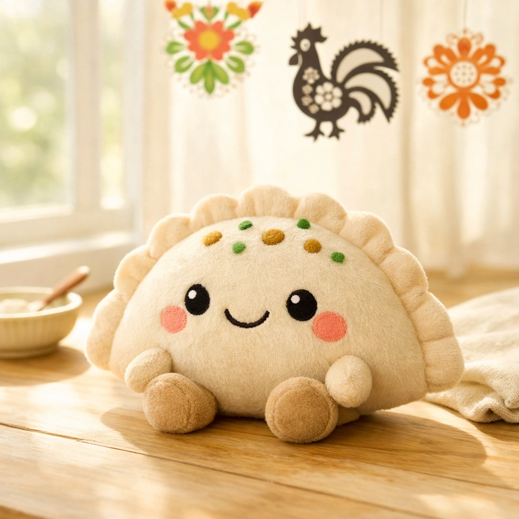 Pieroguszka - pluszowa maskotka pieroga z polskimi wycinankami w tle