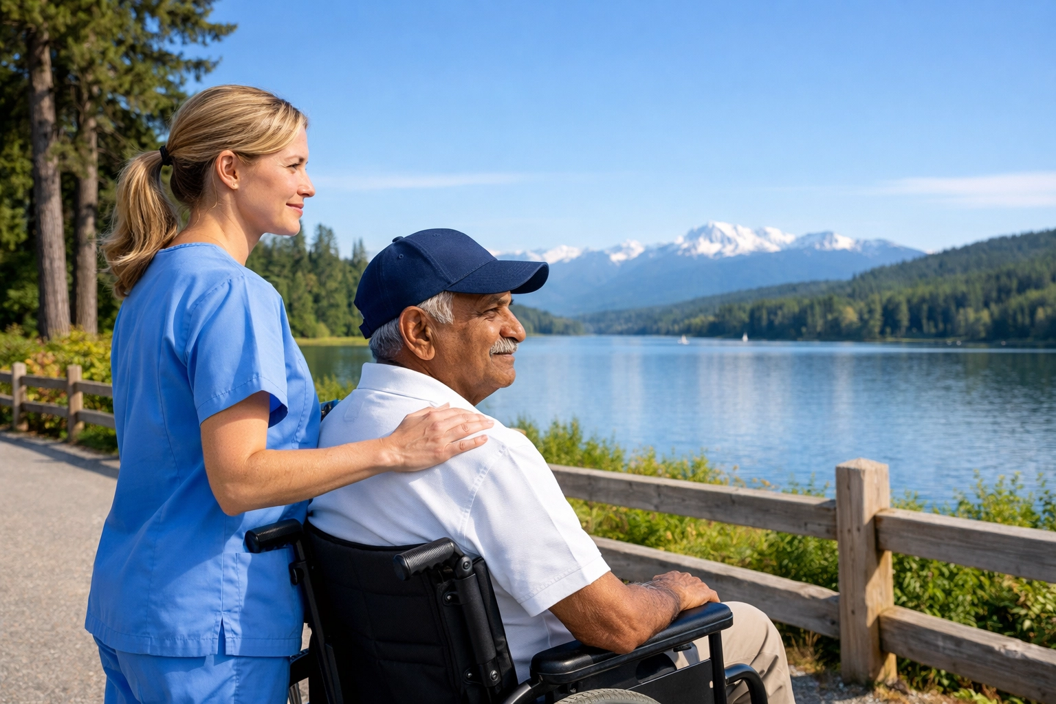 Senior in a wheelchair and a caregiver enjoying accessible nature views at a Prince William County park.