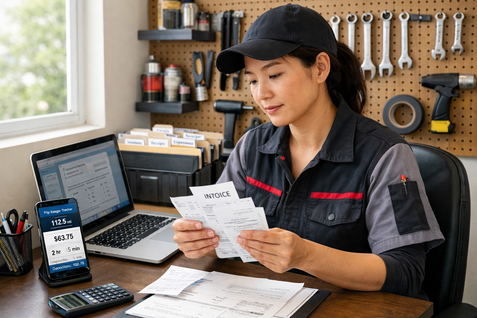 Mobile mechanic organizing tax receipts and business expense records