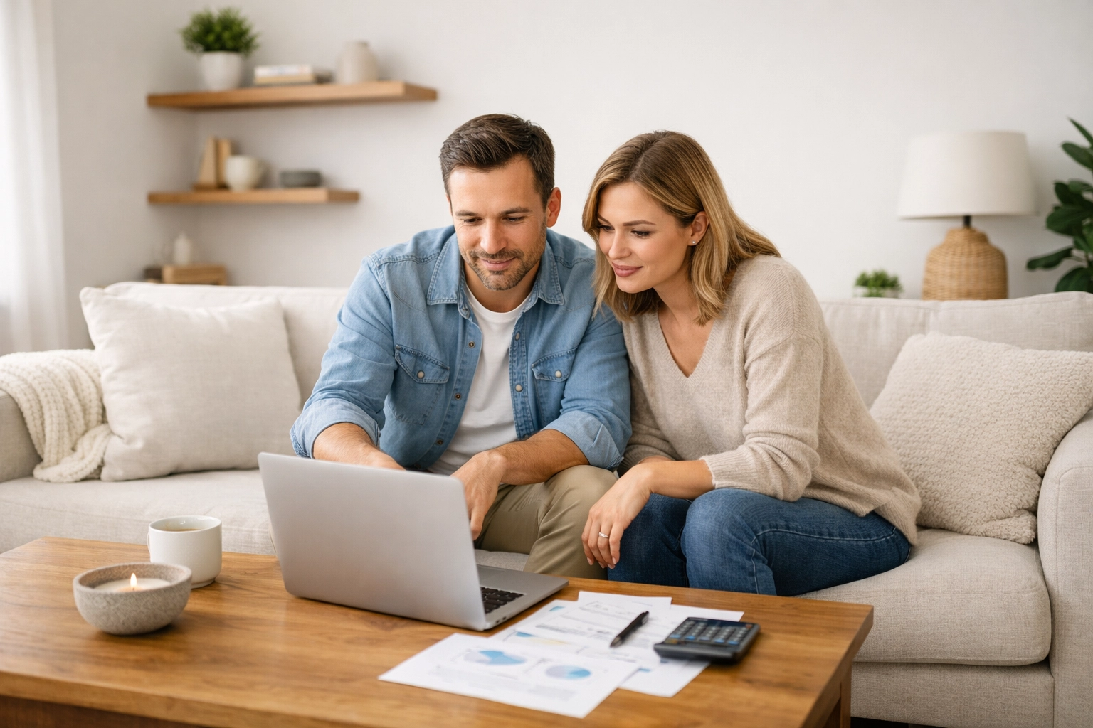 Couple sitting on a sofa researching a 2500 loan no credit check on their laptop.