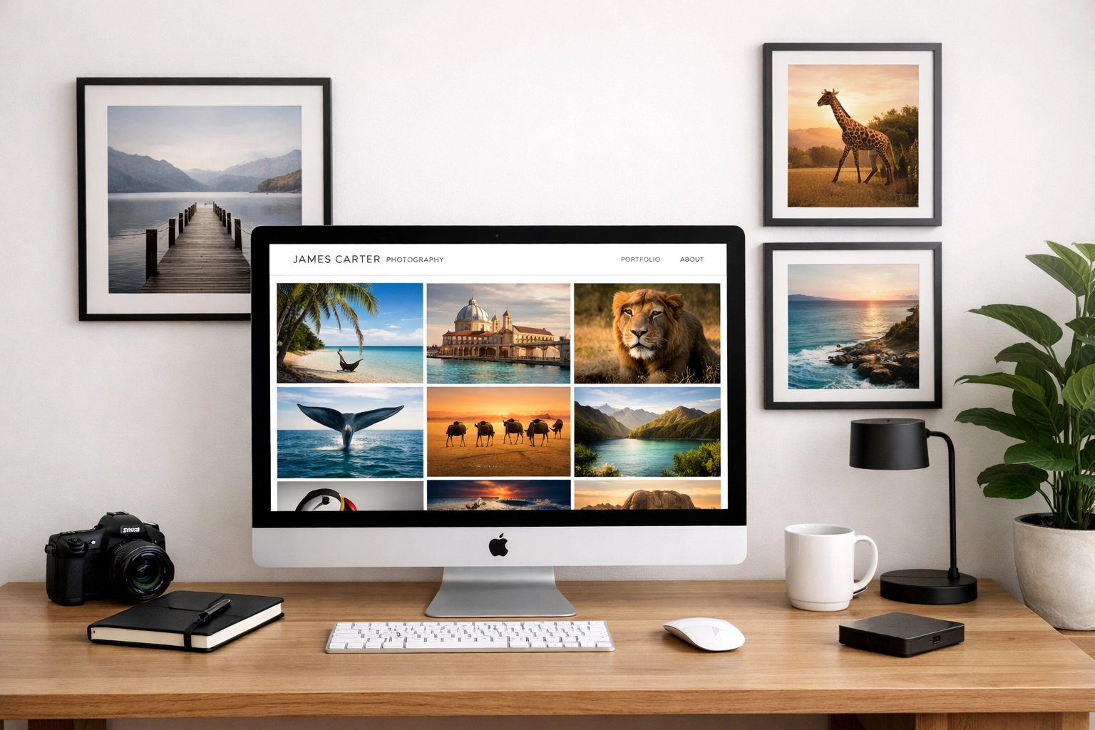 Home office displaying a photography portfolio optimized using professional file compression.