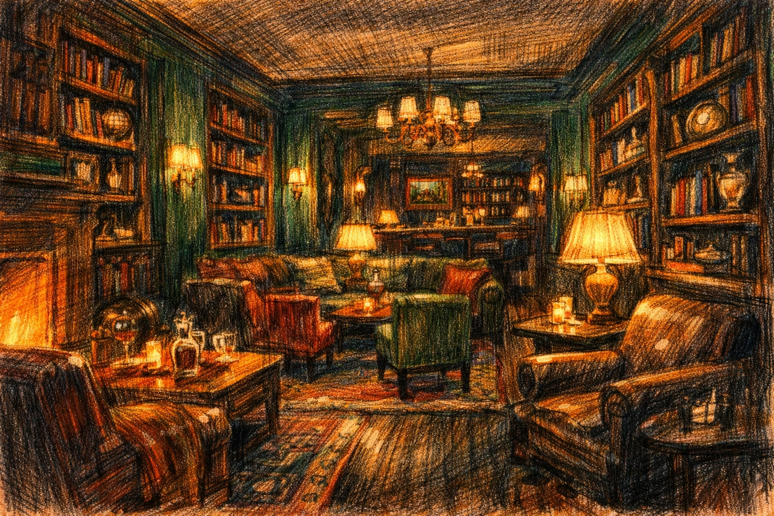 Atmospheric boutique hotel lounge design with a library and warm, lived-in luxury feel.