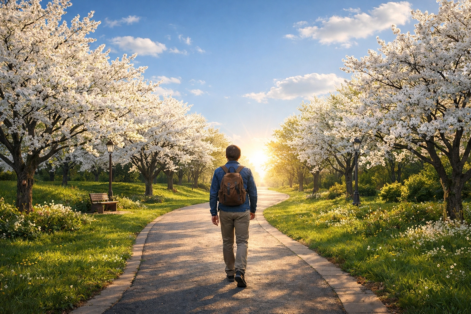 Walking a sun-drenched path through flowering trees representing a new journey of hope and recovery.