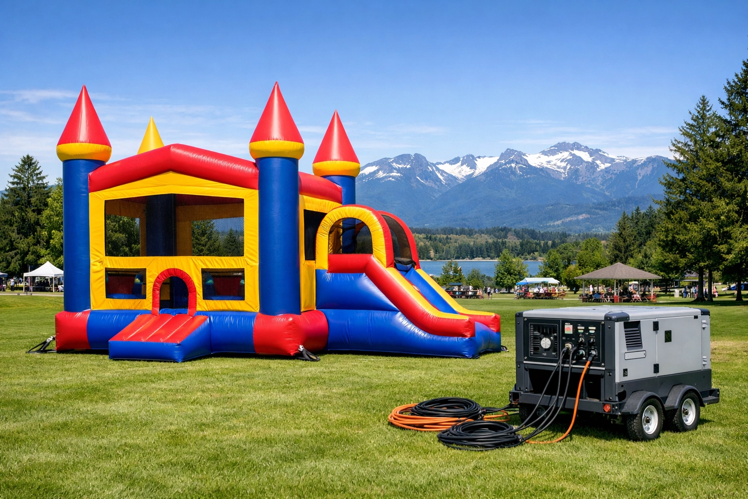 A jumping castle rental and portable generator set up in a Comox Valley park with mountain views.