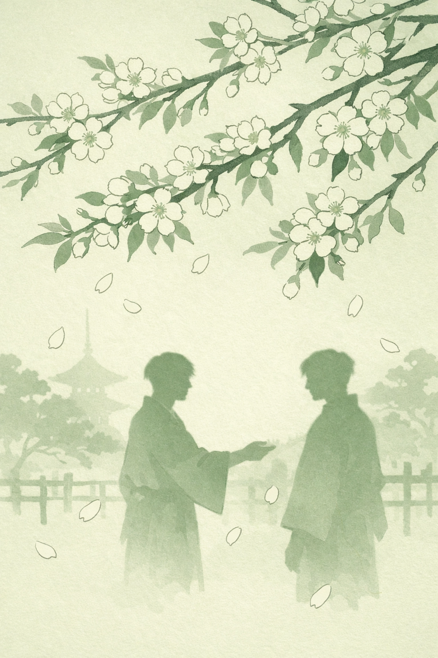 Male couple beneath cherry blossoms in feudal Japanese garden - MM historical romance setting