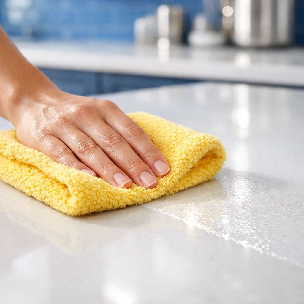 Professional microfiber cloth used for house cleaning Townsend MA to wipe a spotless kitchen countertop.