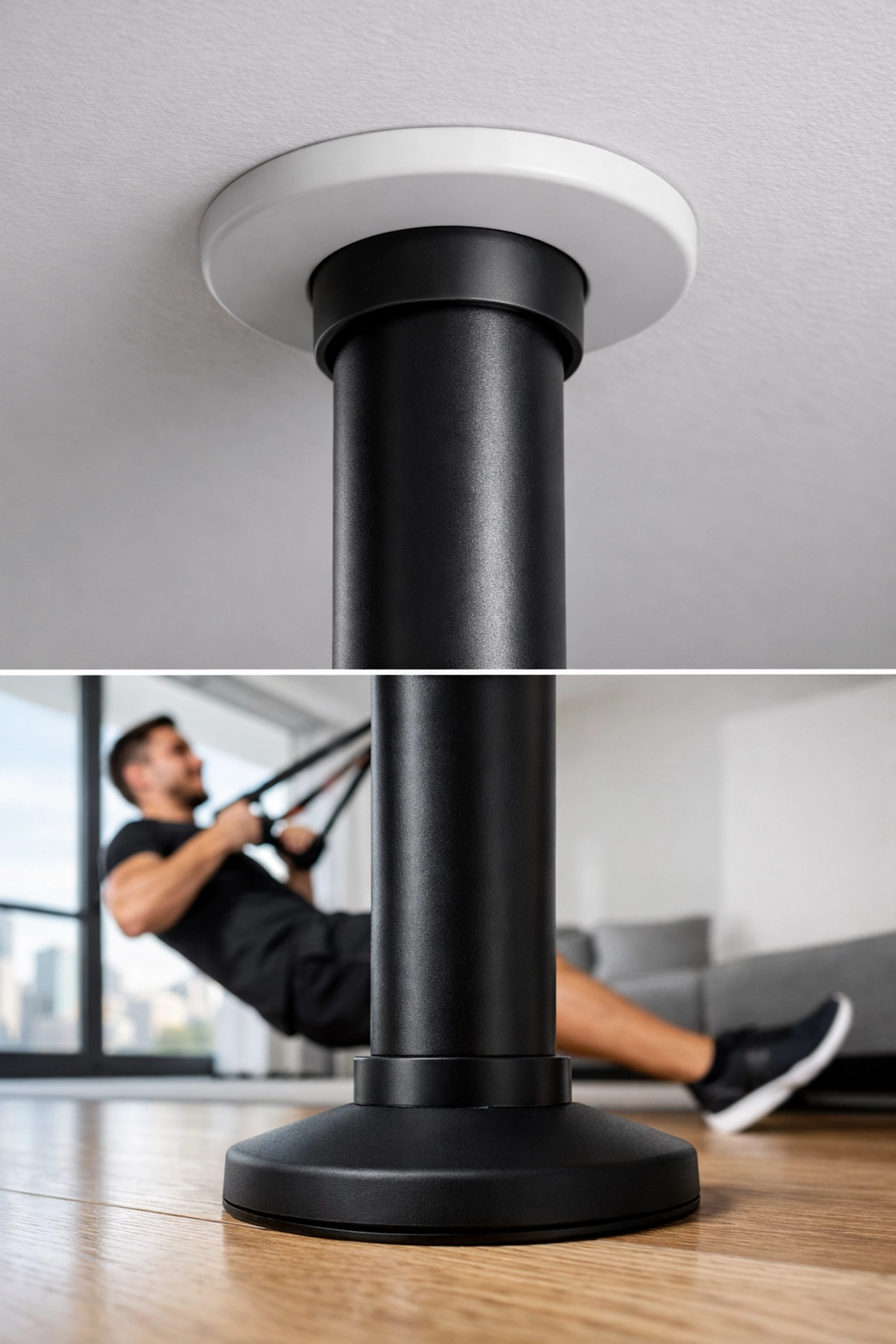 Tension-mounted no wall damage workout system serving as a pull up bar alternative.