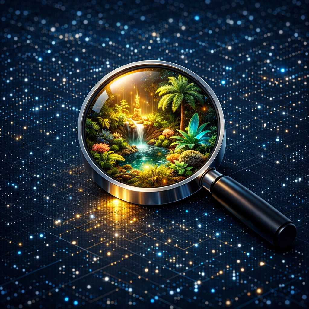 A magnifying glass highlighting a vibrant ecosystem within a digital landscape to show niche authority.