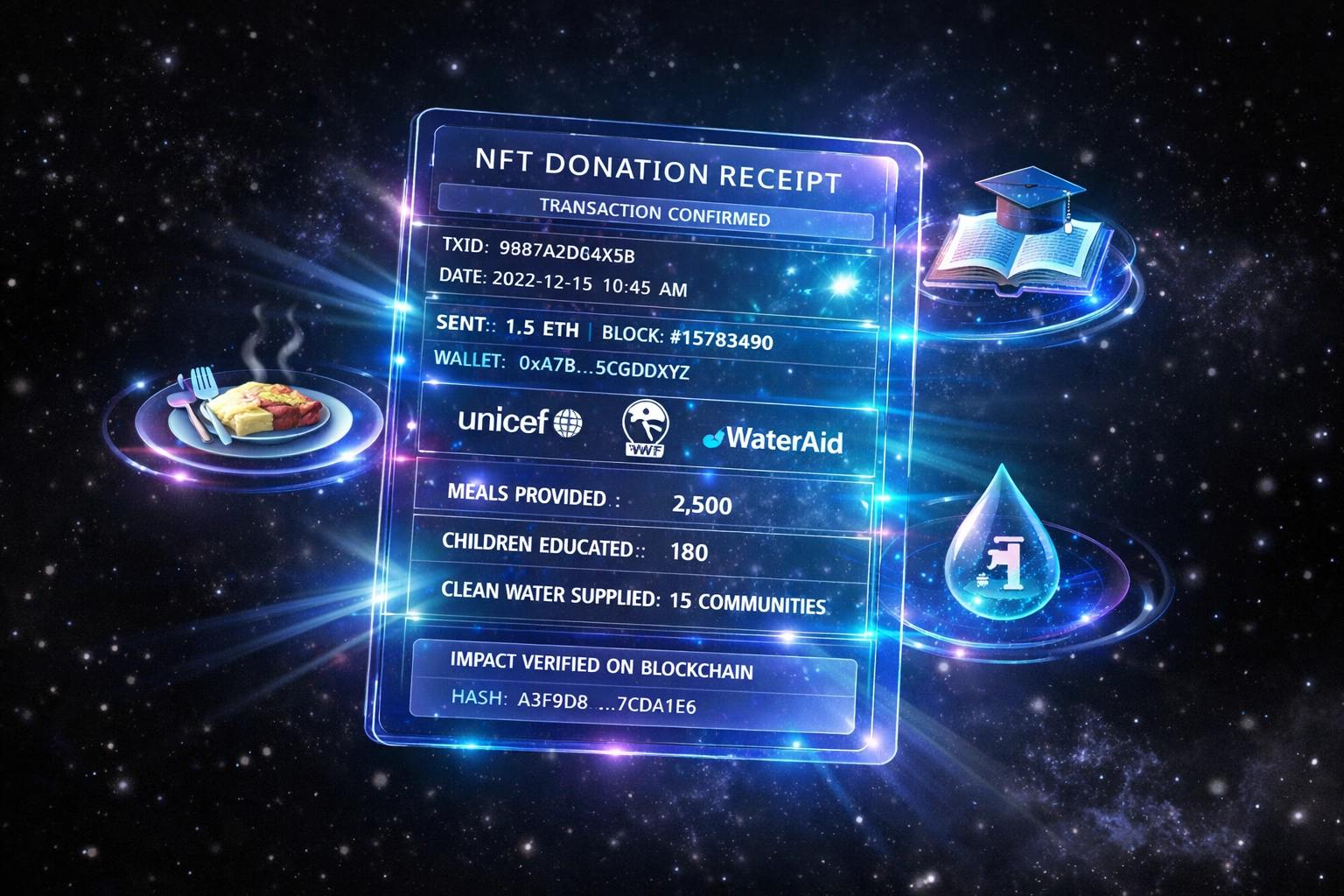 NFT receipt displaying blockchain transaction details and verified social impact metrics