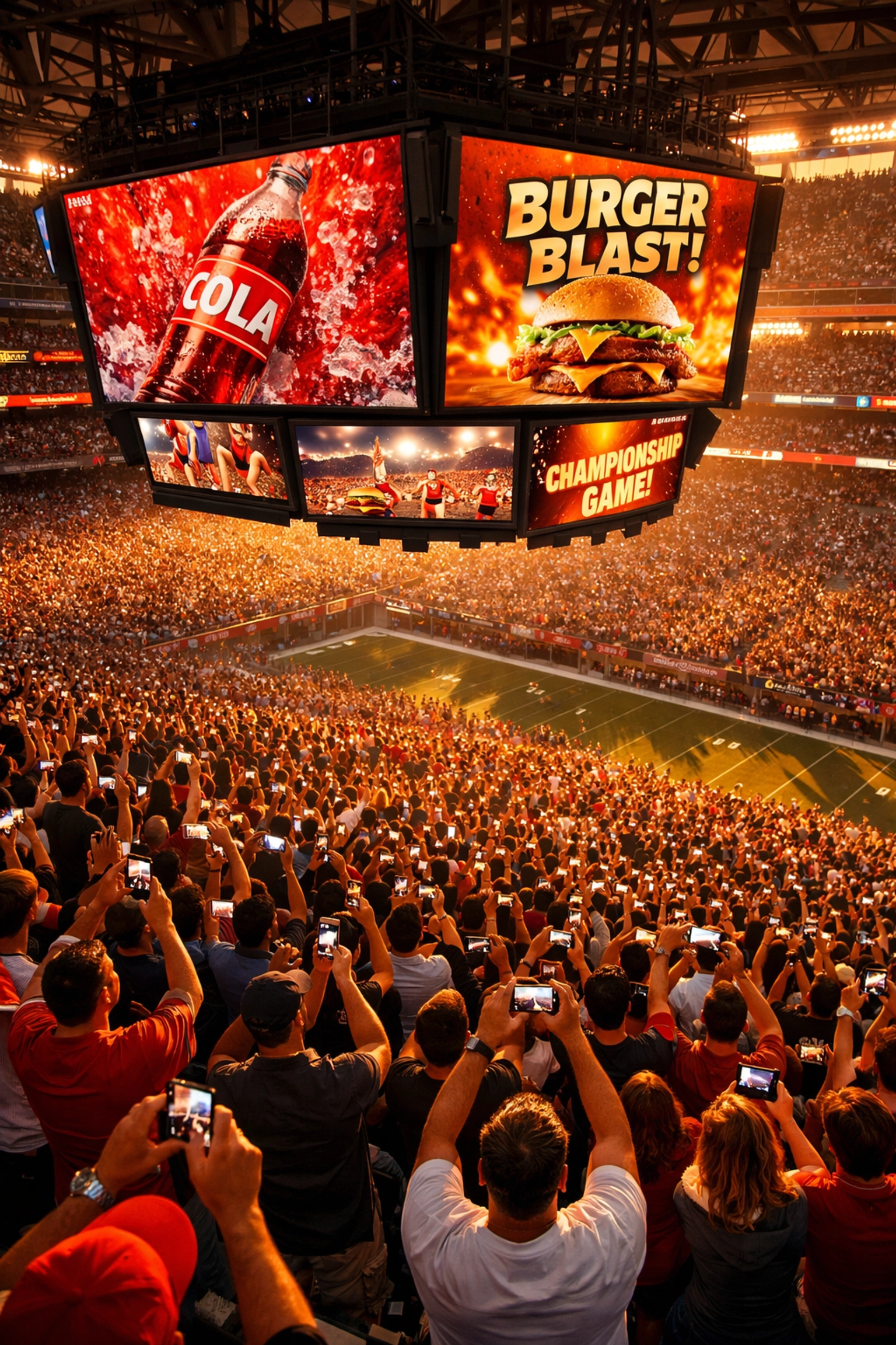 Super Bowl stadium crowd engaged with jumbotron advertising displays during major sporting event