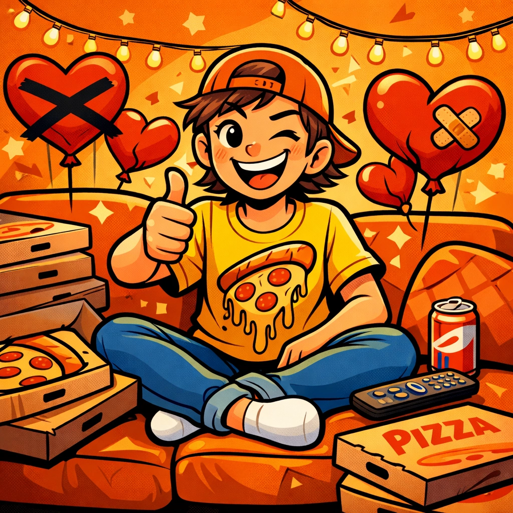 Person wearing pizza graphic tee celebrating anti-Valentine's Day solo on couch with pizza
