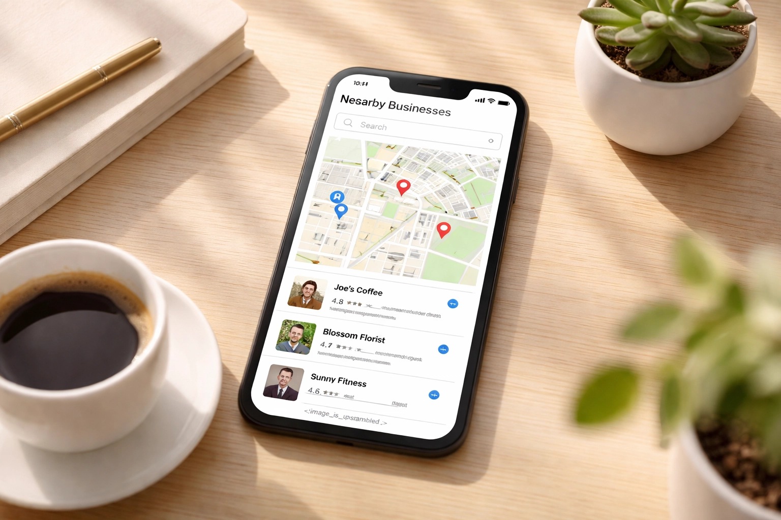 Smartphone on modern desk showing a local business map, highlighting Google Business Profile optimization in Seaham.