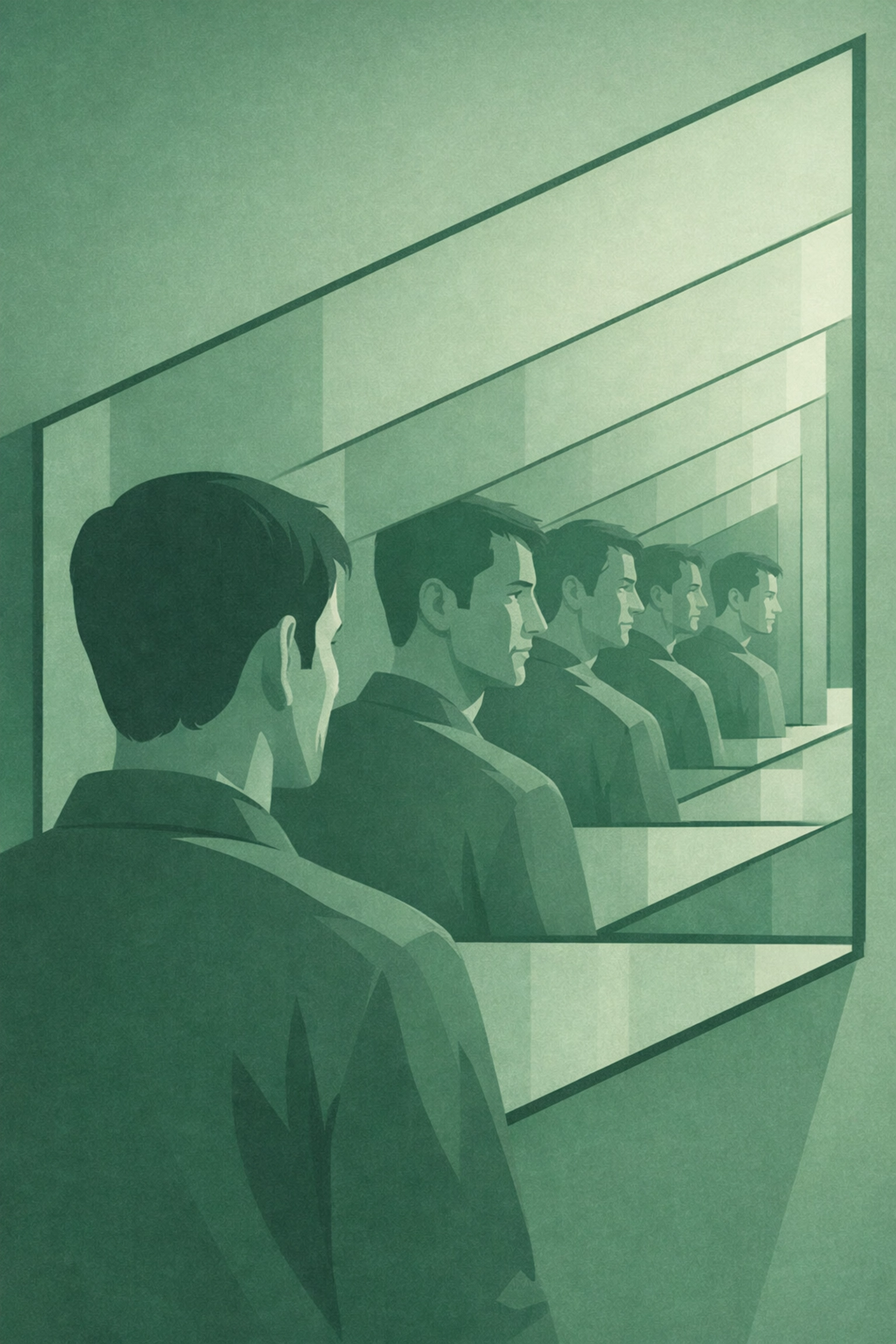 Gay man's silhouette reflected in multiple mirrors exploring self-identity and introspection