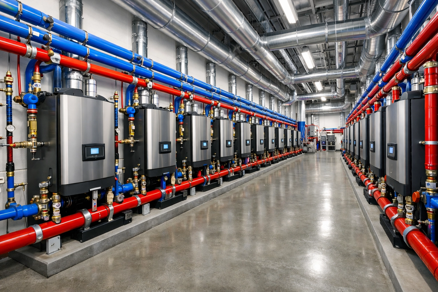 Multiple commercial water heater units in a modern boiler room for a large-scale facility.
