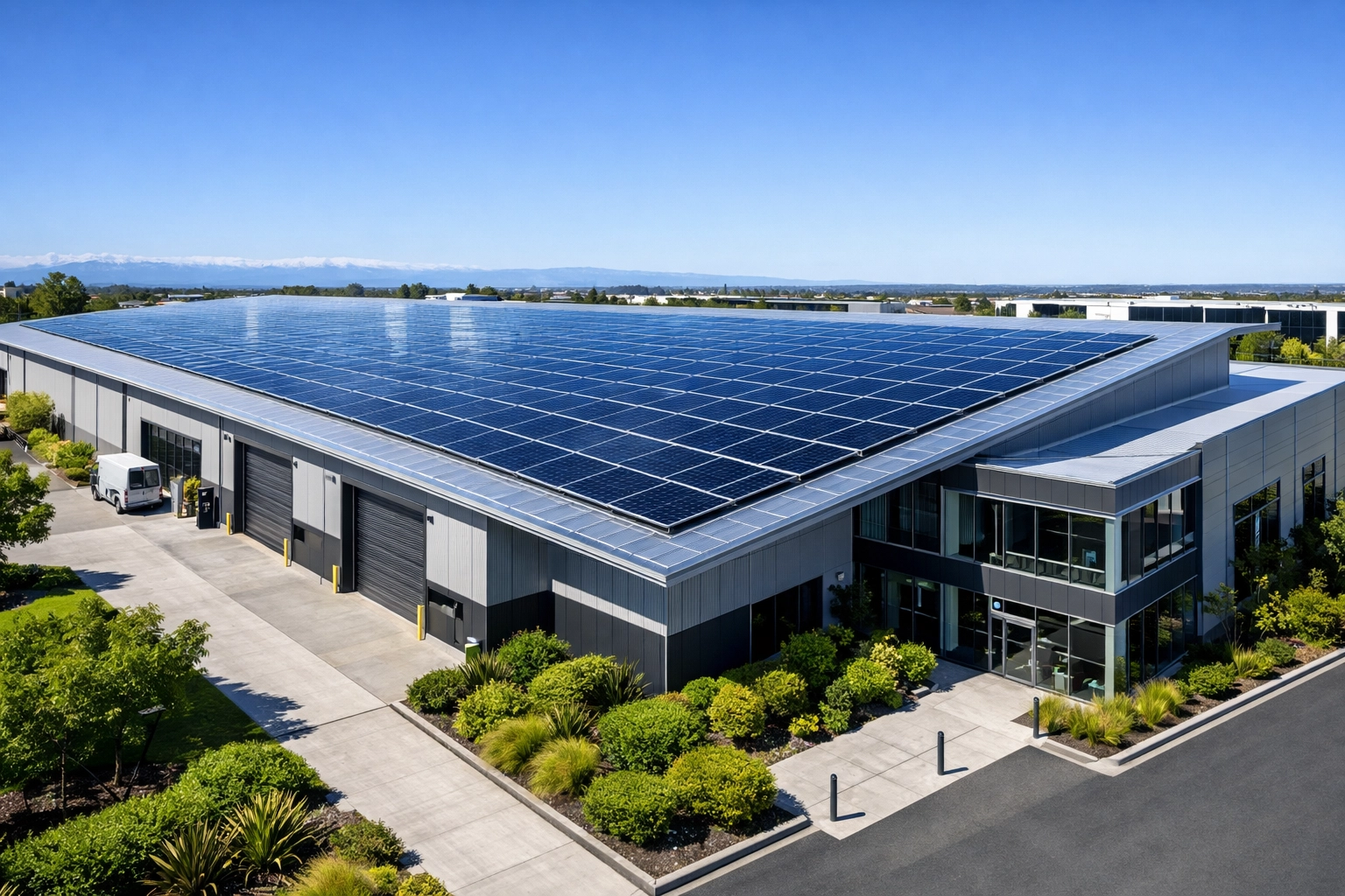 Commercial solar panel installation on a modern warehouse roof in a Christchurch business park.