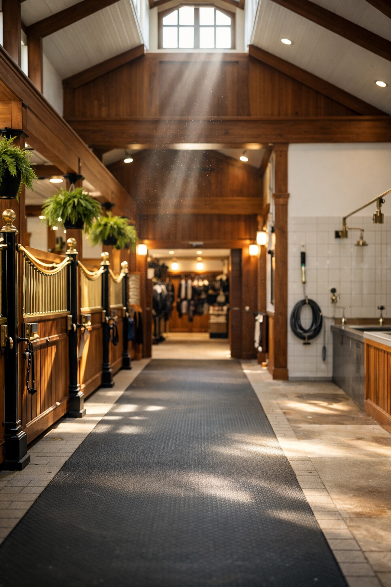 Interior of professional equestrian barn with stalls and center aisle in Waxhaw property
