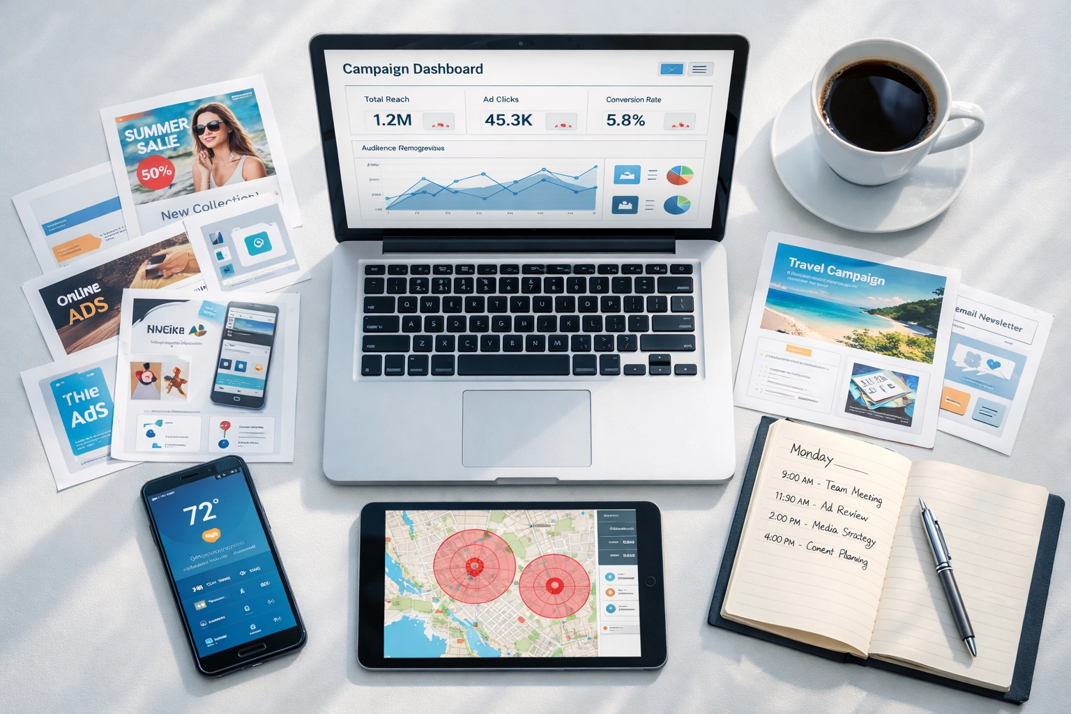 DOOH campaign planning workspace with creative mockups and location targeting maps