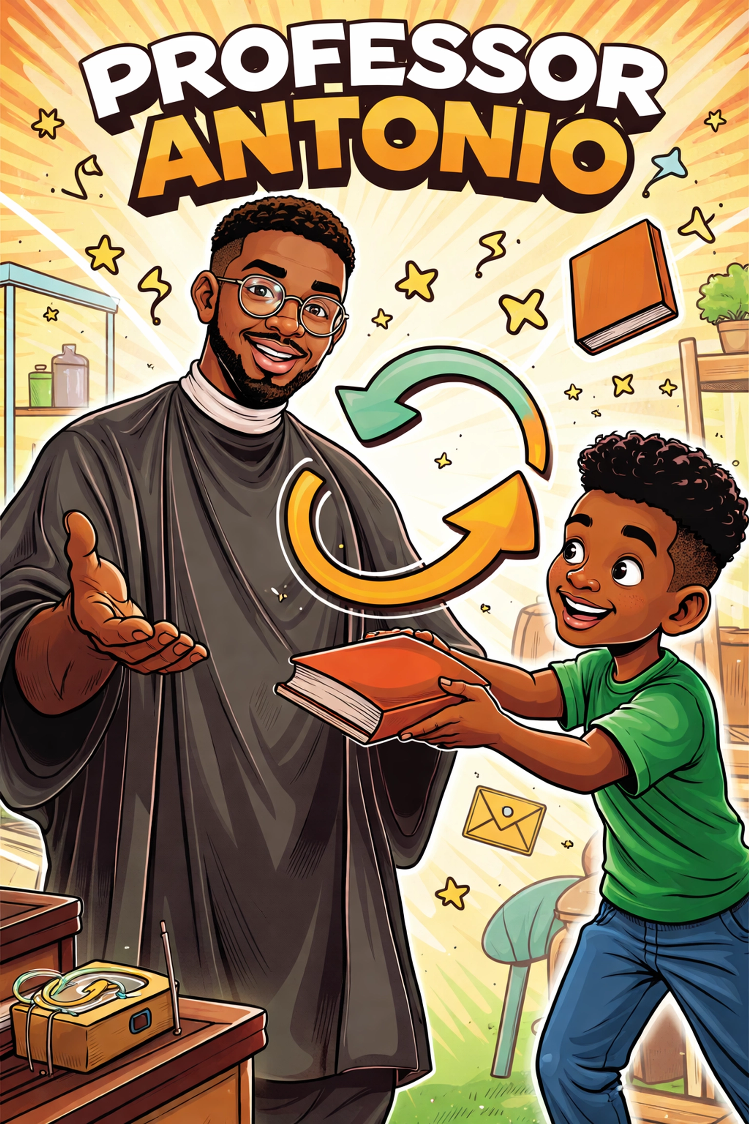 Professor Antonio and a young Black boy exchange a book in a comic-style barbershop scene symbolizing reciprocity and community literacy.