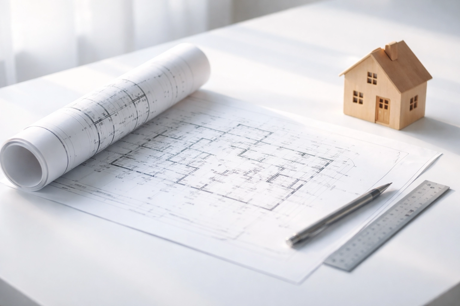 Architectural blueprint and house model symbolizing schema markup as the technical foundation of your brand