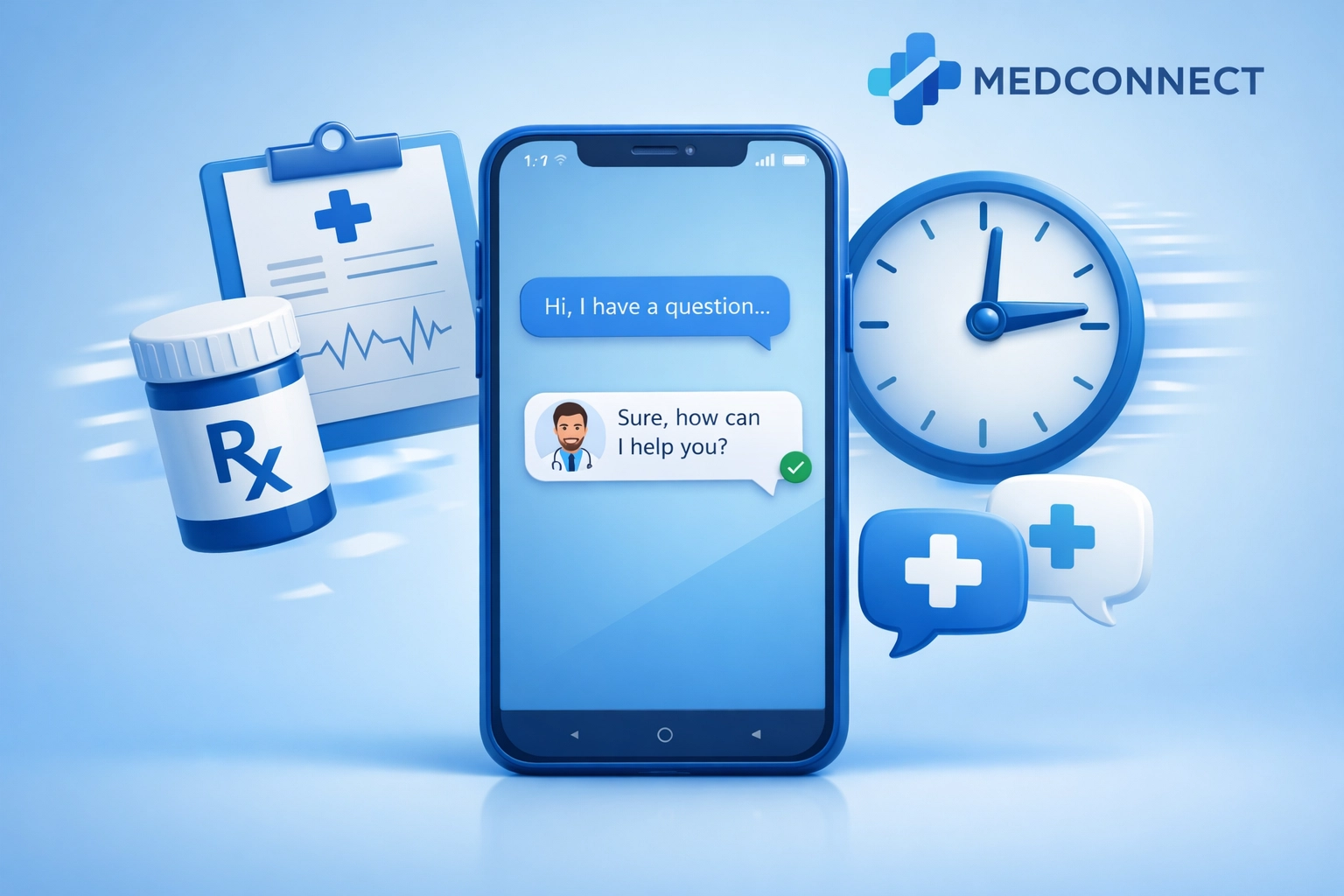 Smartphone displaying text-based online doctor consultation for same day prescription delivery