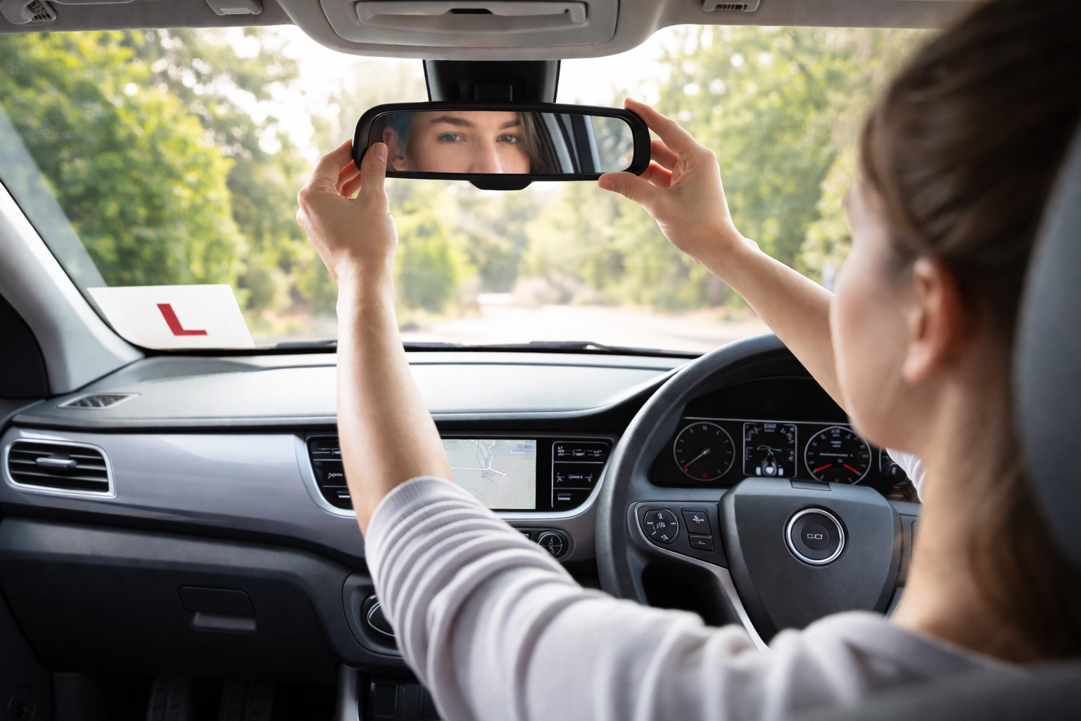 Learner driver adjusting rear-view mirror during the cockpit drill in a dual-control vehicle