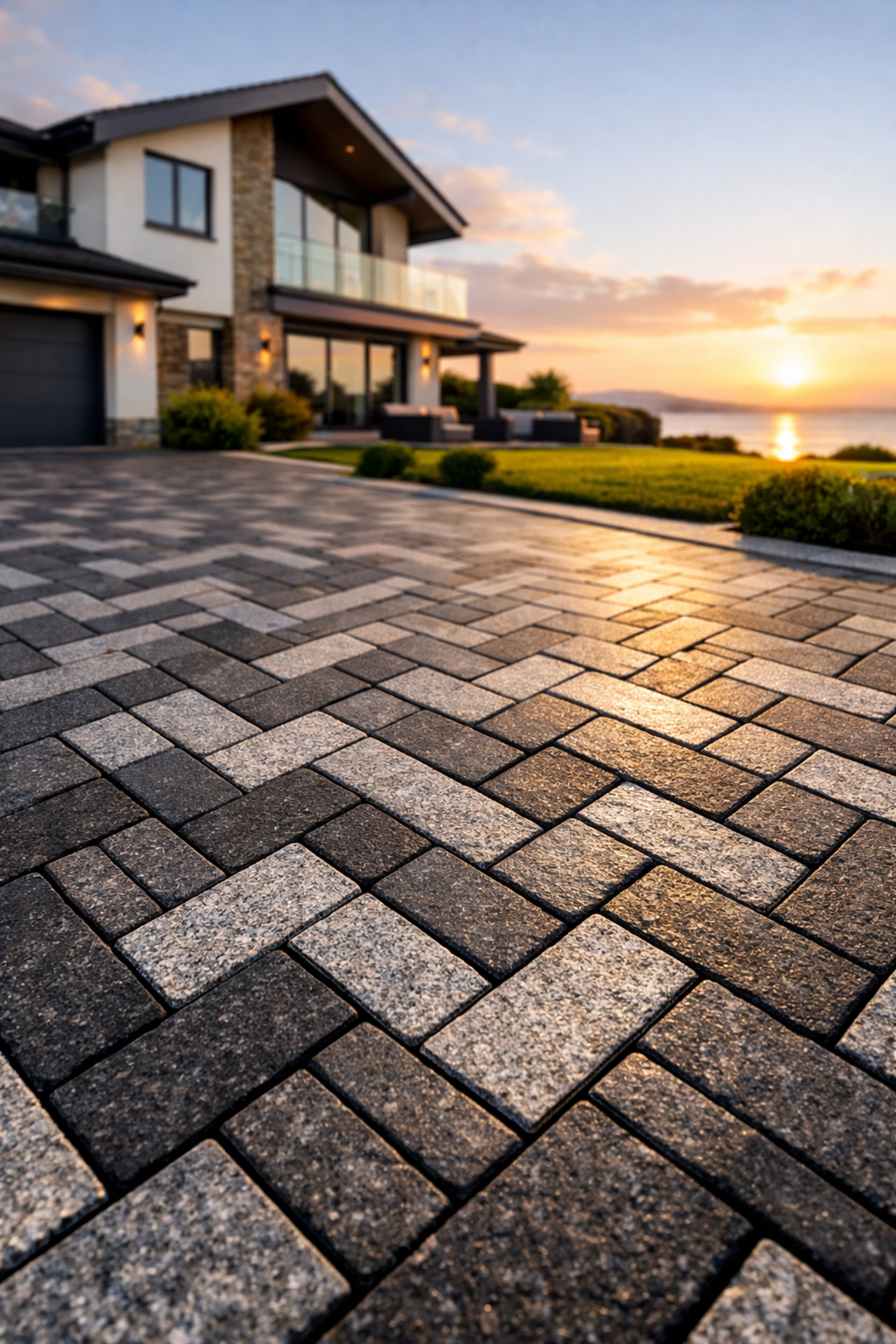 Charcoal and silver herringbone block-paved driveway at a modern South Wales home.