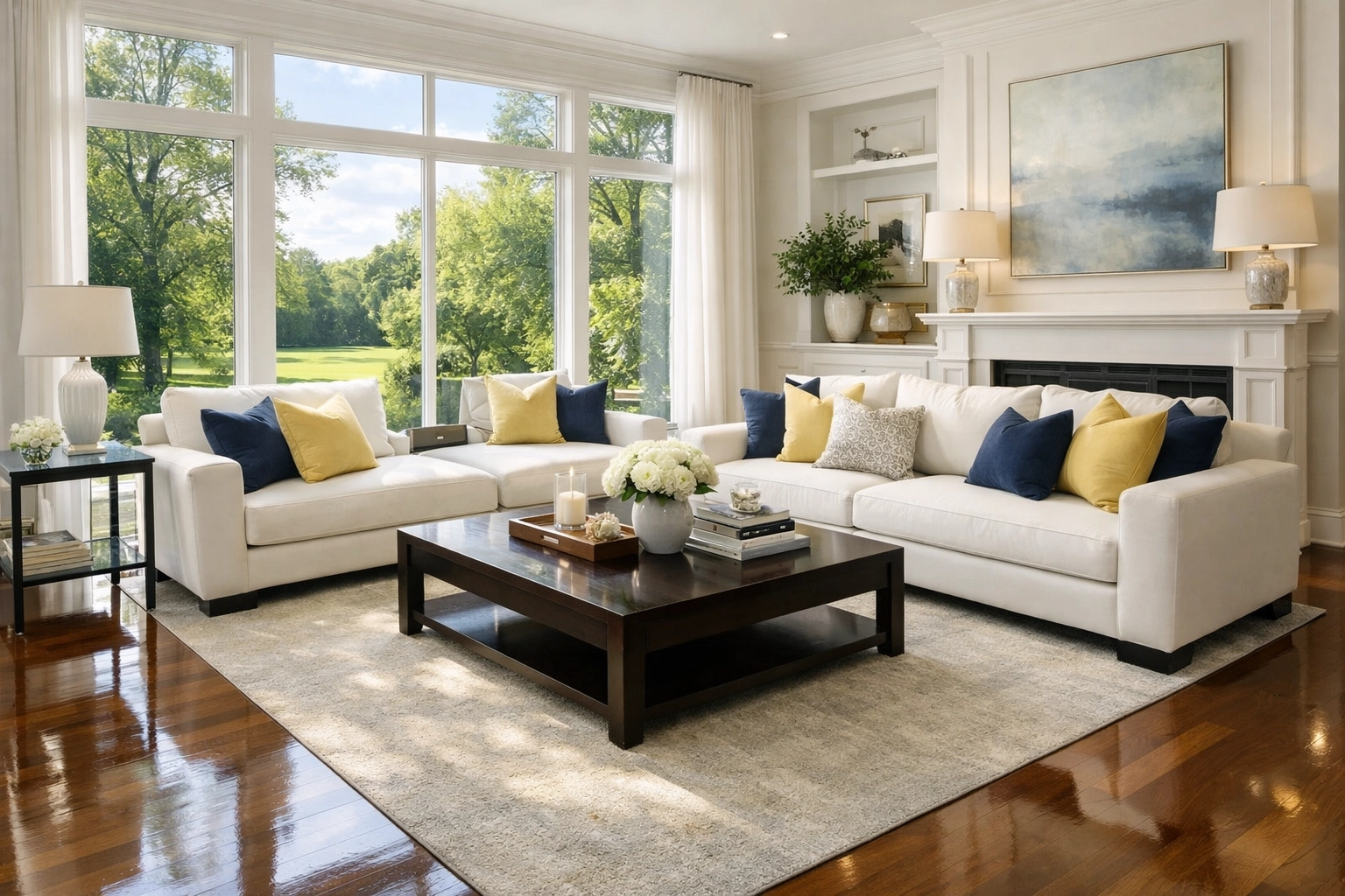 Pristine living room in Wayland MA highlighting the results of weekly house cleaning services.